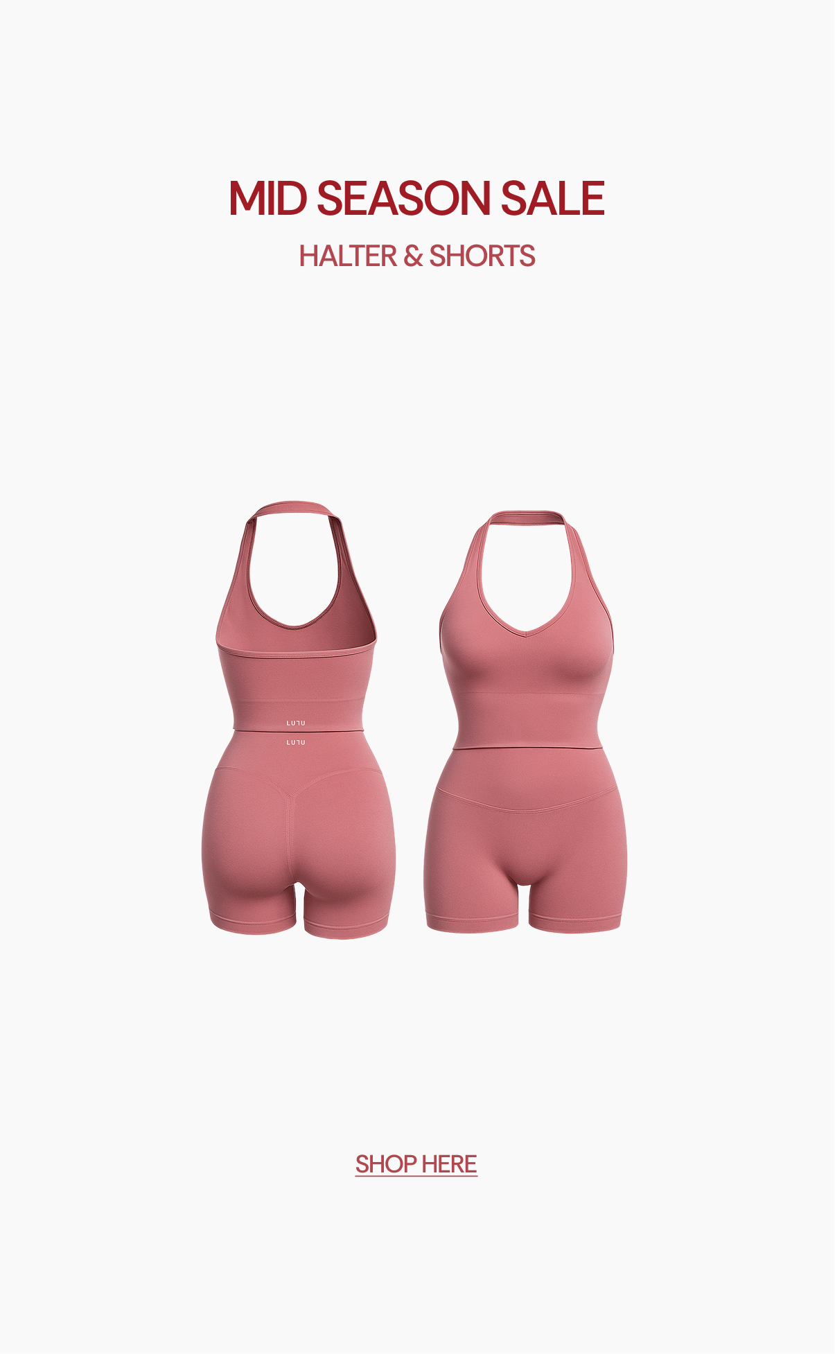 Pink halter and shorts set with 'Mid Season Sale' text on a white background